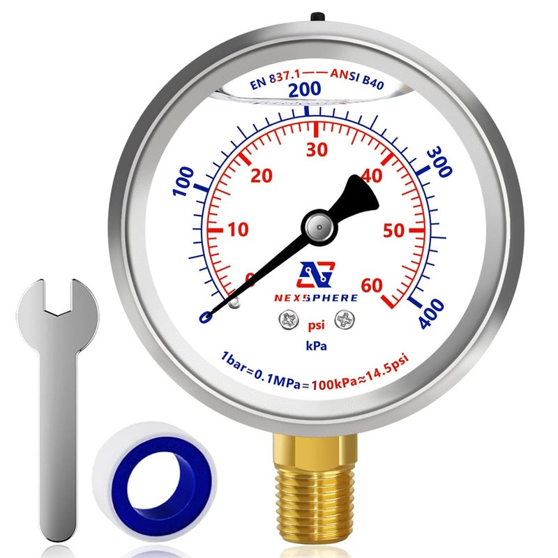NexSphere 60 PSI Pool Pressure Gauge, 2.5" Dial, 1/4" NPT Lower Mount, Stainless Steel Case, Glycerin-Filled Manometer for Home Water, Air, Oil, Gas Pressure Testing - Image 1